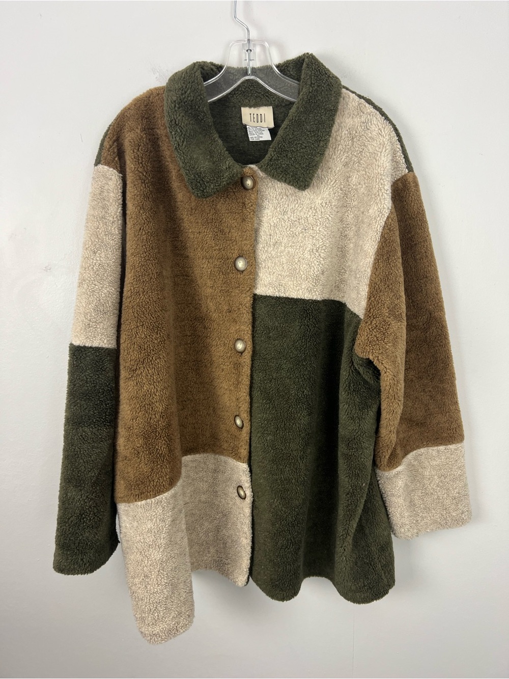 Teddi Colorblock Sherpa Patchwork Jacket Olive Brown Cream